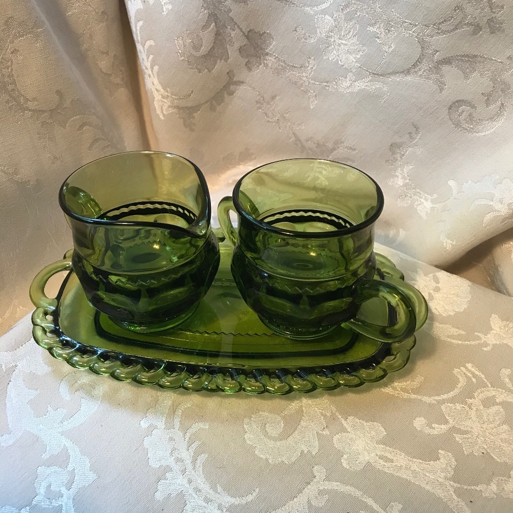 Vintage Green Glass Saucer and Creamer and Sugar - Picture 2 of 6